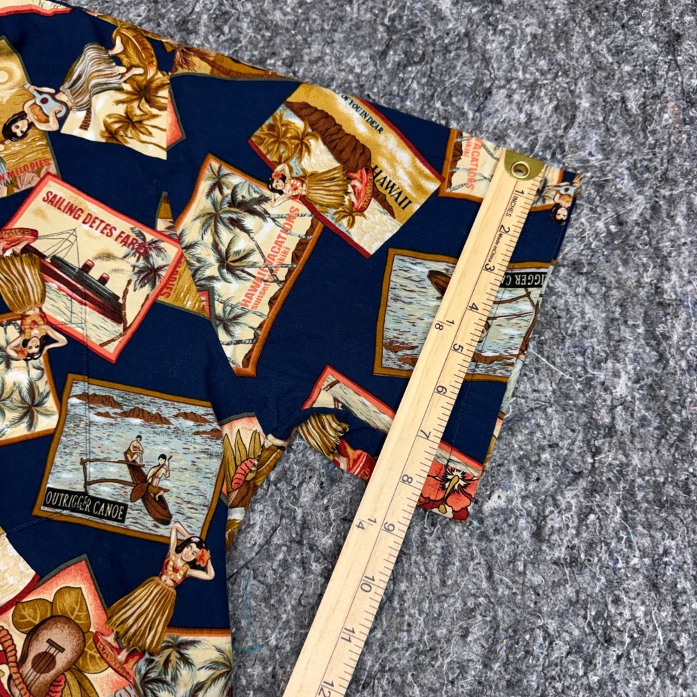 Howie Made in Hawaii Mens Large Postcard Print Cotton Aloha Shirt Navy Blue Vtg - Picture 5 of 9